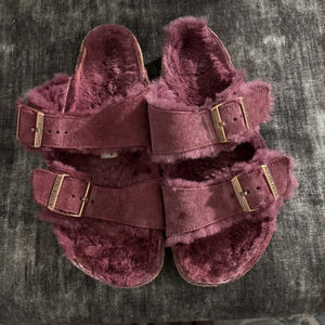 Birkenstock Women's Plush Two-Strap Sandals in Burgundy Sherpa Lined